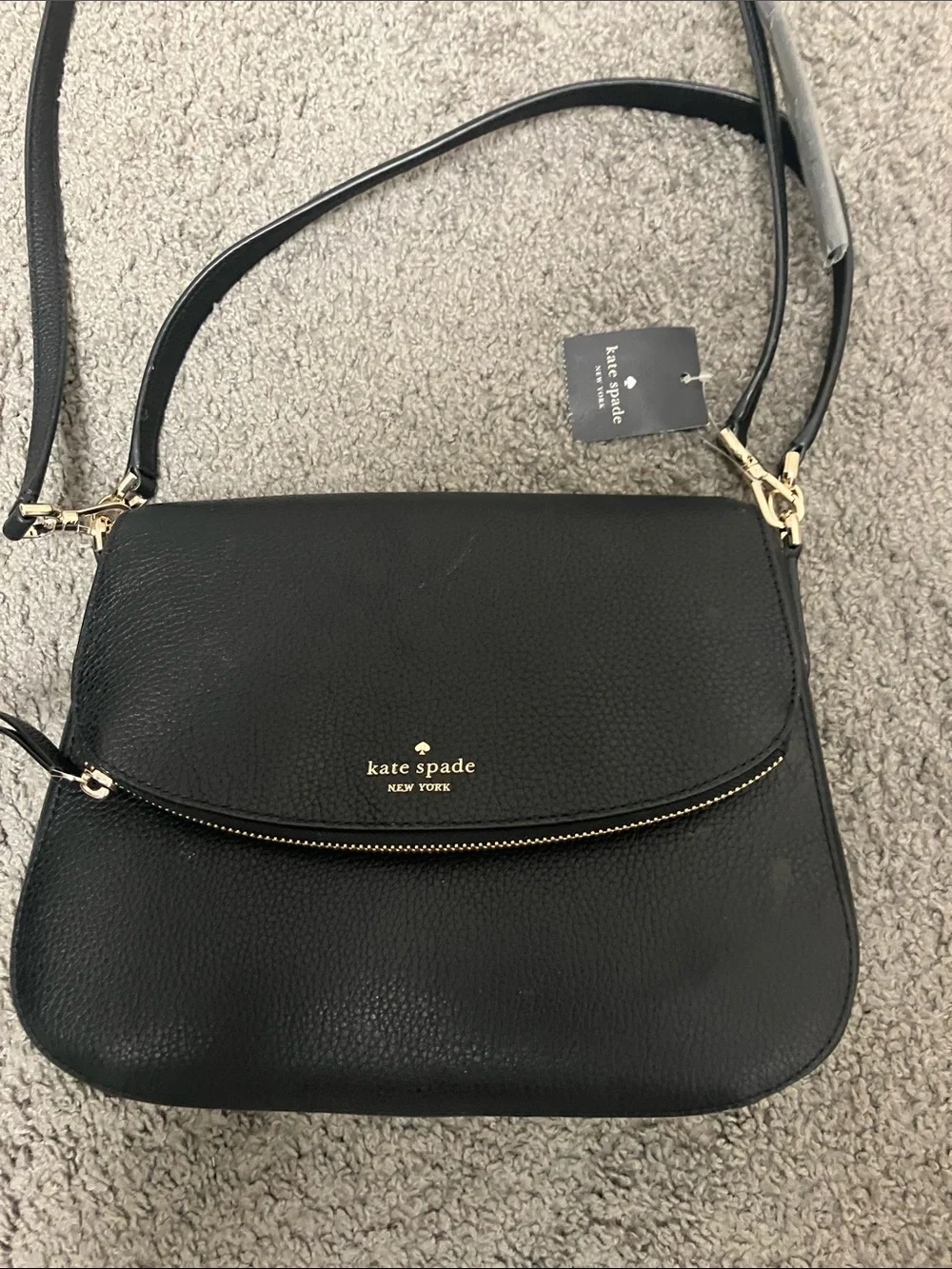 kate spade Black Pebbled Leather Flap Crossbody with Gold Hardware